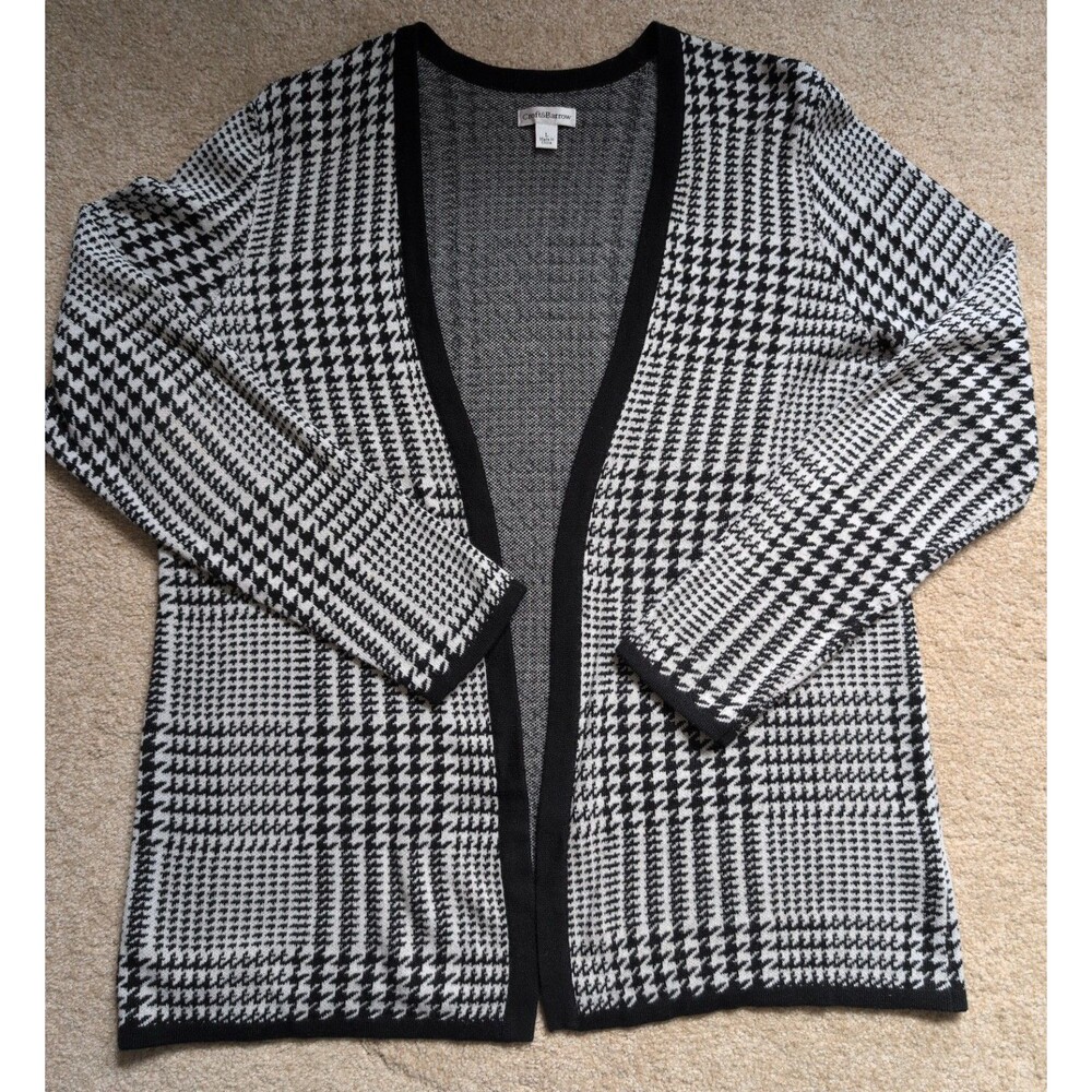 Croft & Barrow Womens Open Front Cardigan Sweater L Black White Herringbone